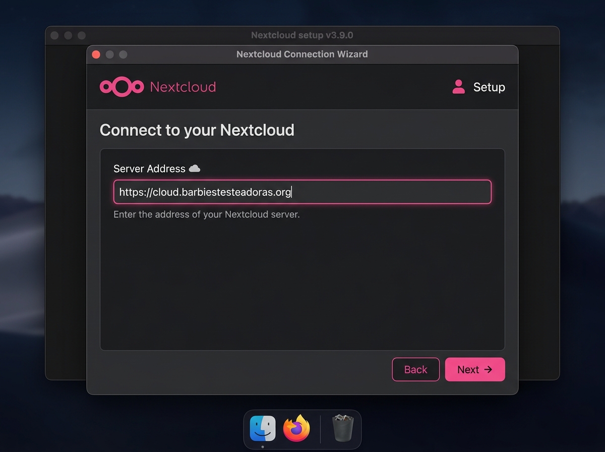 Pantalla de inicio de sesión en Nextcloud Desktop