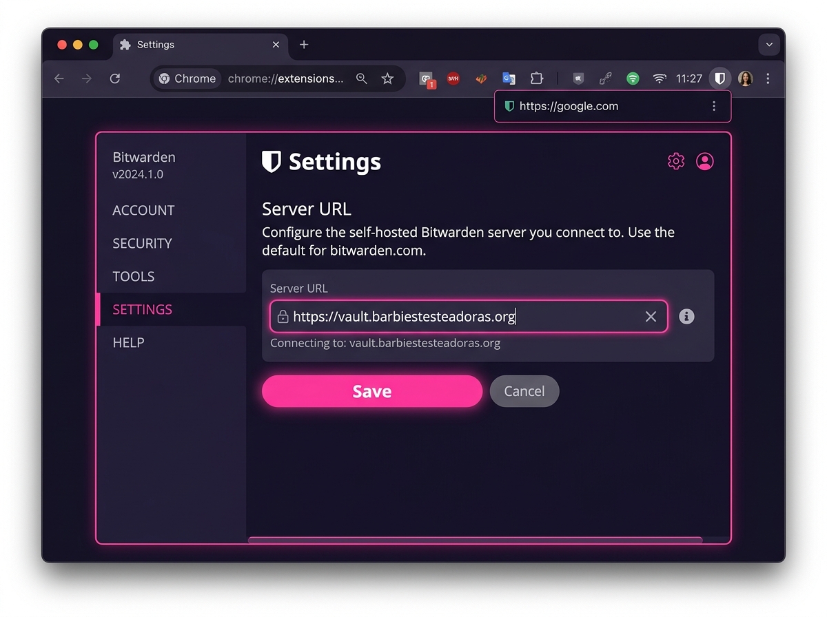 Configuración de Server URL en la extensión de Bitwarden